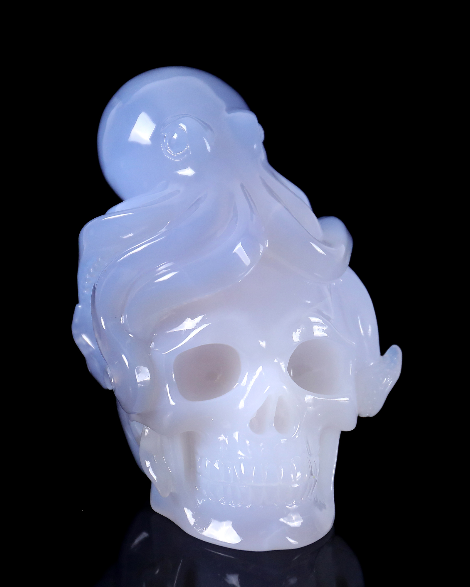 6.5 Inch Blue Chalcedony Hand-Carved Skull & Octopus Sculpture - Exquisite Craftsmanship Artwork