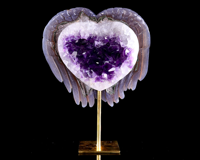 6.3" Amethyst Druse Agate Heart Shape Spirit Wings – Hand Carved Natural Crystal Sculpture