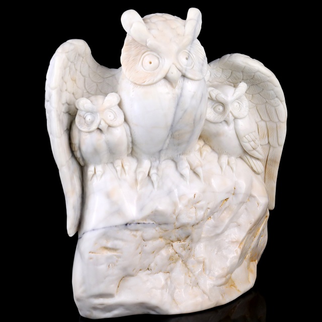 8.5" White Jade Hand Carved Crystal Owls Sculpture