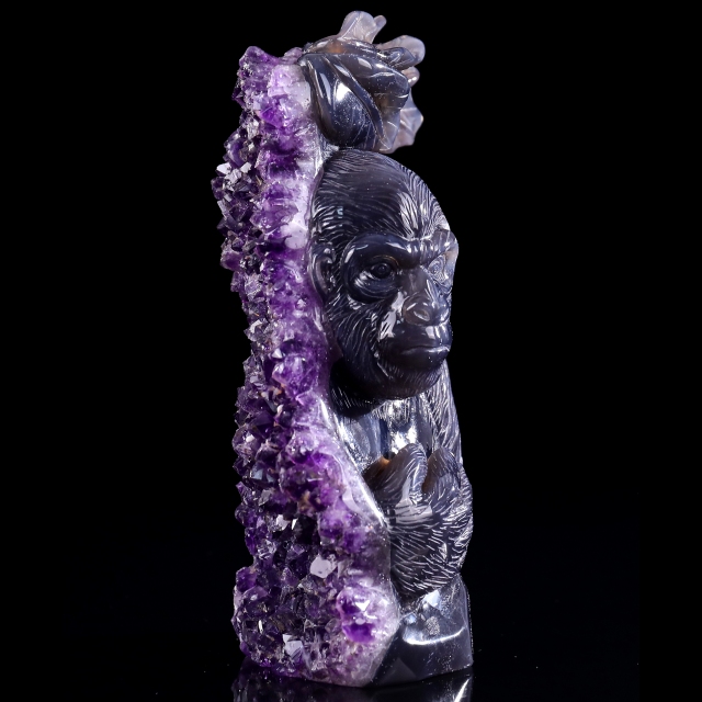 7.7 Inch Amethyst Cluster Gorilla Sculpture - Hand-Carved Crystal Figurine with Lifelike Design 
