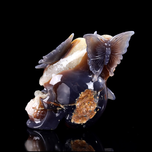 Exquisite 7-inch Geode Agate Skull & Butterfly Ornament - Handcrafted Artwork with Butterfly