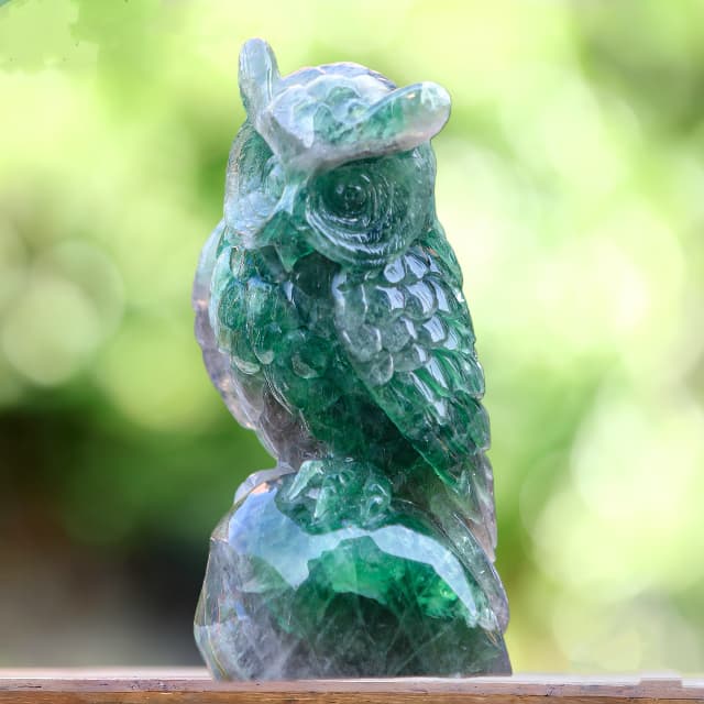 6.9" Fluorite Hand Carved Crystal Owl Sculpture