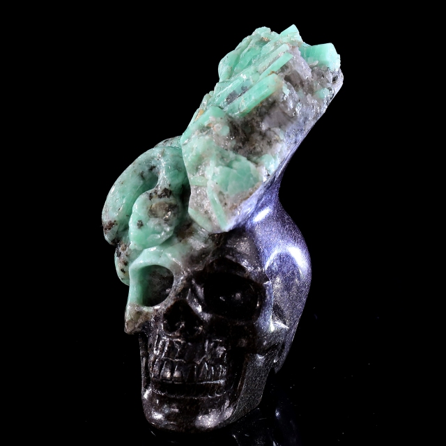 5.5" Natural Emerald Skull and Snake Sculpture, Handcrafted Gemstone Artwork for Collection & Decoration