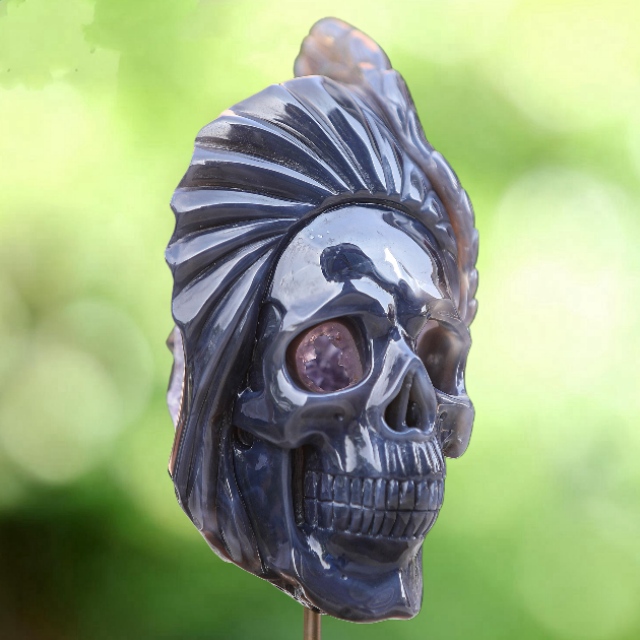 Unique 10" Amethyst Geode Agate Skull – Hand Carved Natural Crystal Geode Sculpture