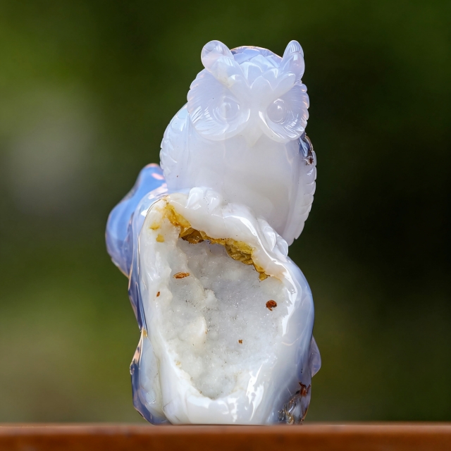 6.5" Blue Chalcedony Hand Carved Crystal Owl Sculpture