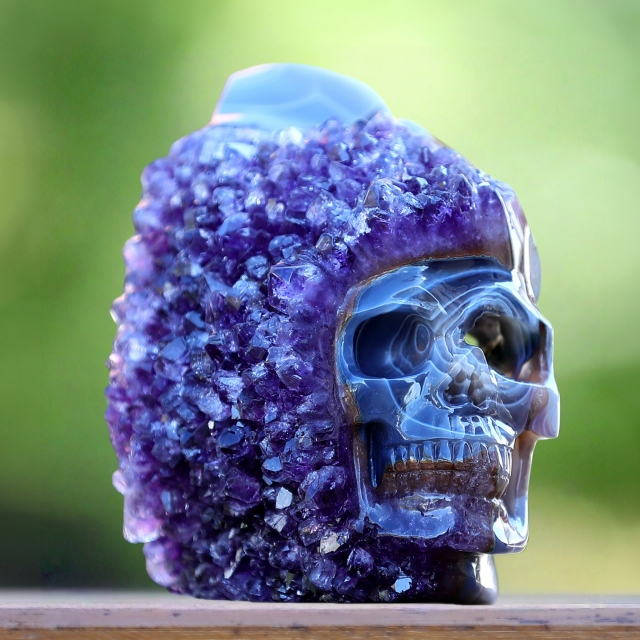 5.0" Amethyst Druse Agate Hand Carved Mineral Specimen Skull Sculpture