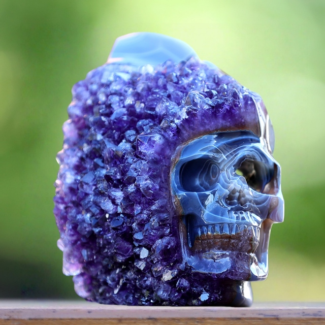 5.0" Amethyst Druse Agate Hand Carved Mineral Specimen Skull Sculpture