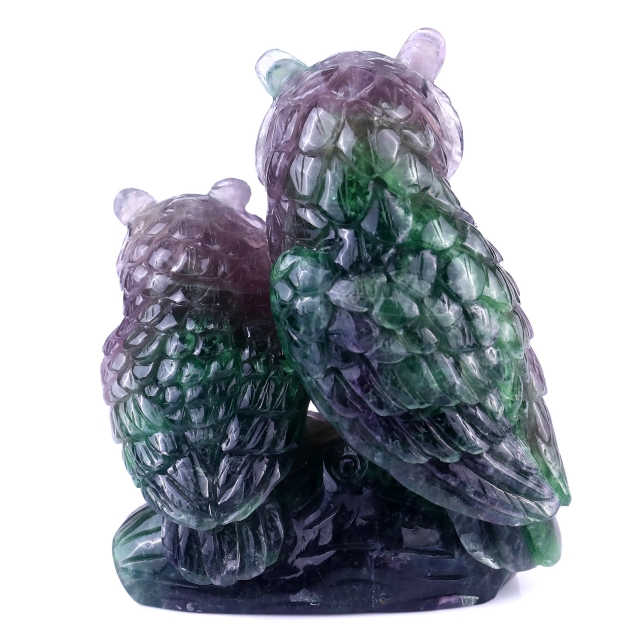  6.1" Fluorite Hand Carved Crystal Owls Sculpture