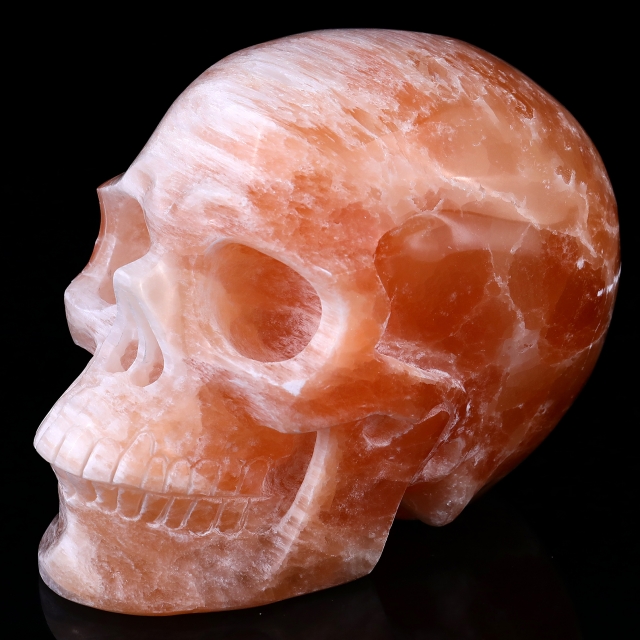 7.7" Orange Selenite Hand Carved Crystal Realistic Skull Sculpture