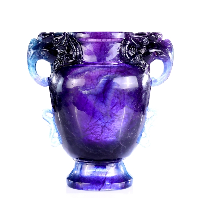 10.6” Natural Fluorite Hand Carved Crystal Vase with Lid