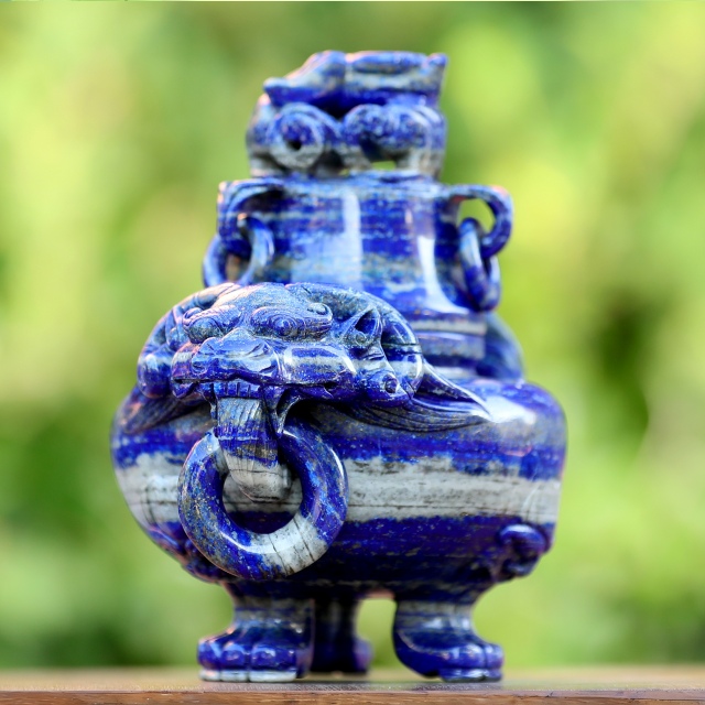 9.0” Natural Lapis Lazuli Hand Carved 3 Foot Censer with Lid Gemstone Tripod