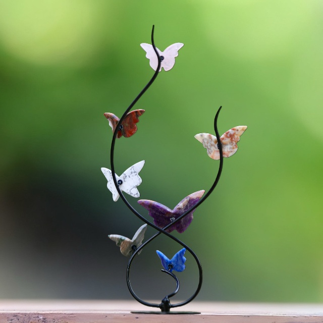 Natural Crystal Colorful Butterfly with Black Metal Stand
