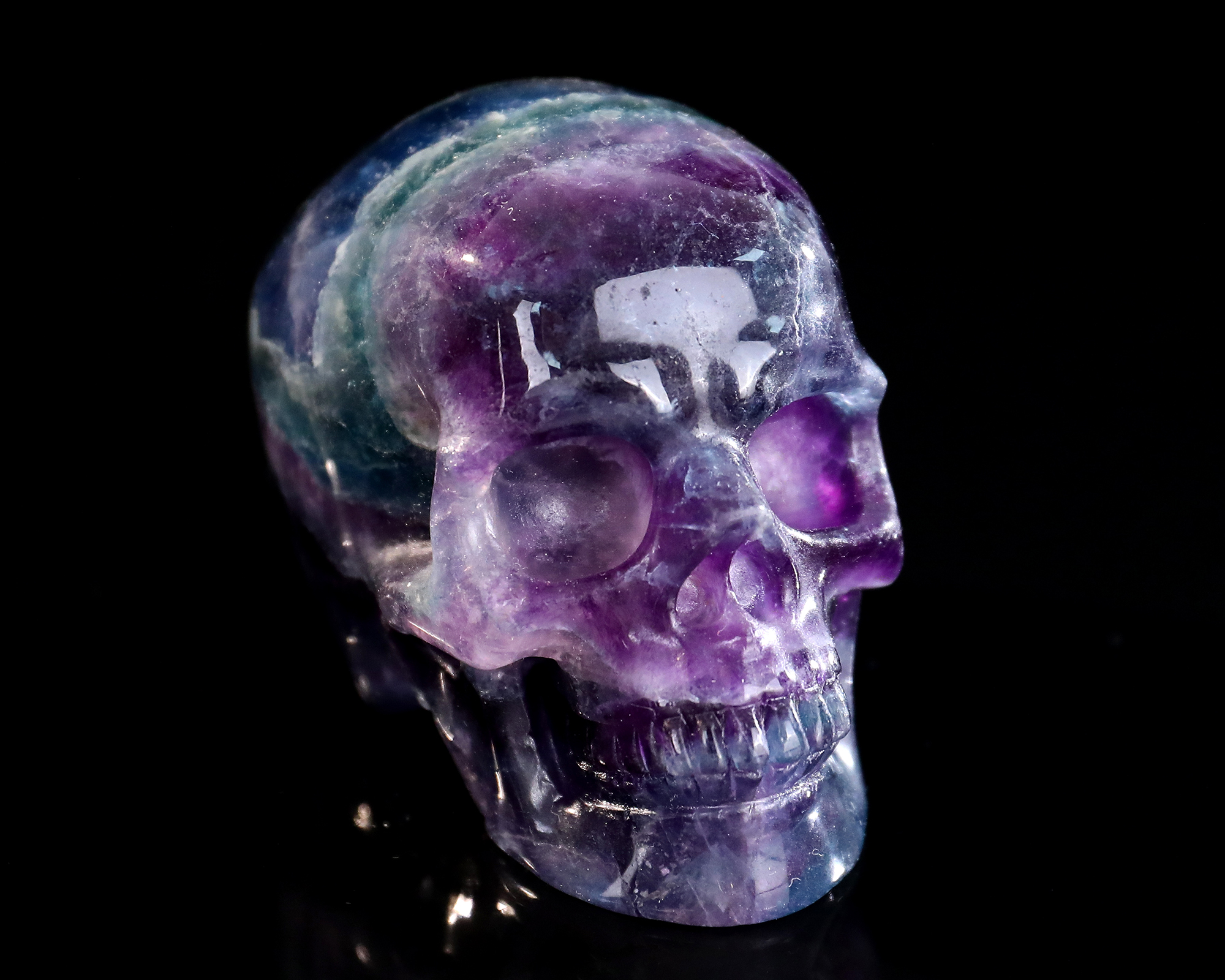 Ice-Clear Multihued Natural Fluorite Skull - Artisan Hand-Carved Sculpture