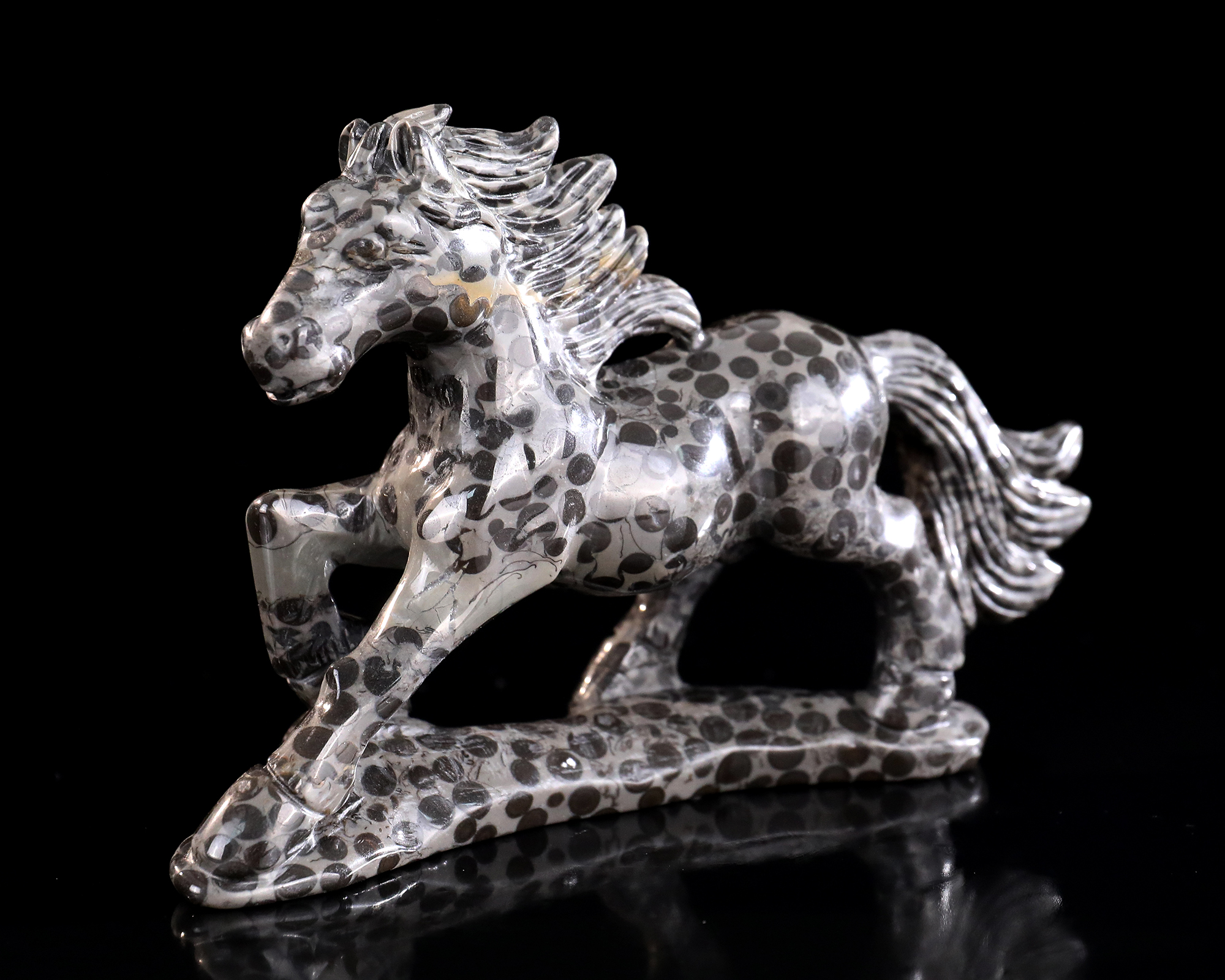 Natural Leopard Skin Stone Galloping Horse Carving Handcrafted Gemstone Sculpture
