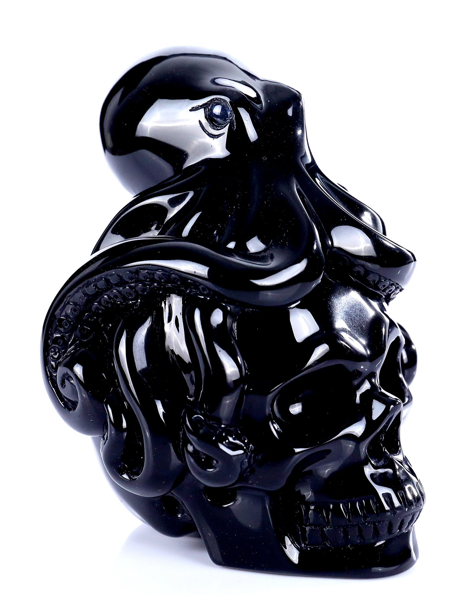 5.0" Black Obsidian Skull Carving with Handcrafted Octopus Accent Natural Stone Sculpture