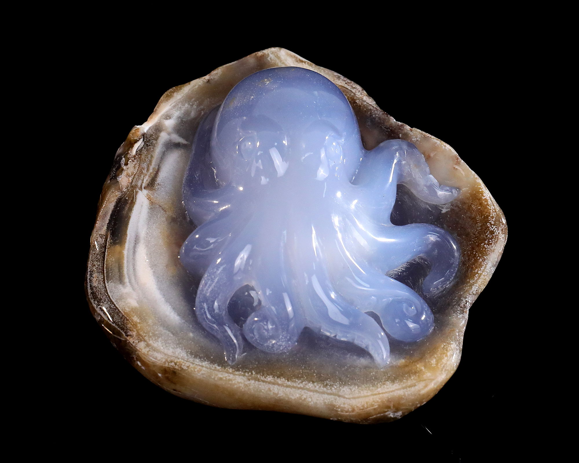 Natural Blue Chalcedony Octopus Carving Handcrafted Gemstone Figurine Stone Art Decor