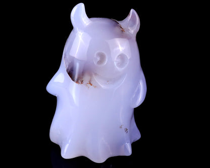 3.0” Natural Blue Chalcedony Hand Carved Crystal Ghost Sculpture, Halloween Gift