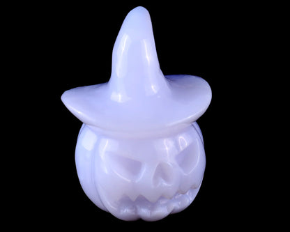 3.3” Natural Blue Chalcedony Hand Carved Crystal Wizard Pumpkin Sculpture, Halloween Gift