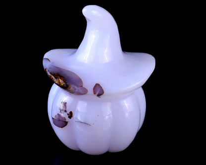 3.3” Natural Blue Chalcedony Hand Carved Crystal Wizard Pumpkin Sculpture, Halloween Gift