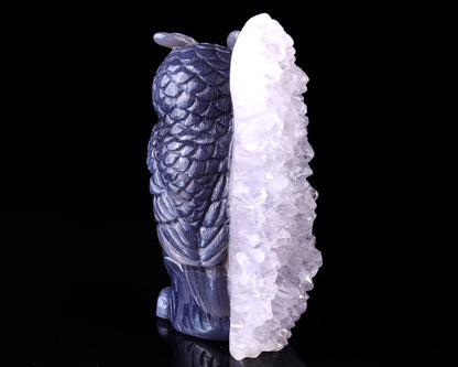 5.5" Quartz Rock Druse Hand Carved Crystal Owl Sculpture