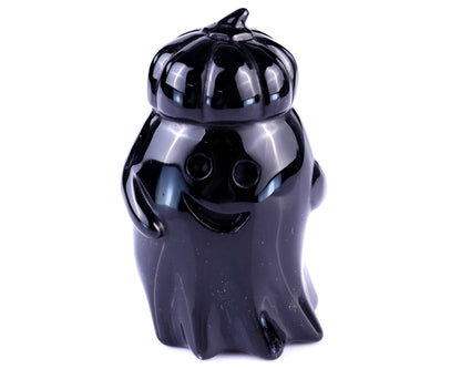 Cute 3.0" Black Obsidian Hand Carved Crystal Pumpkin Ghost Sculpture,Halloween Gift
