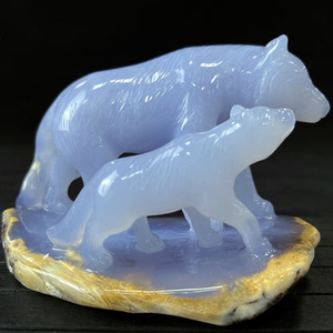 Amazing 5'' Blue Chalcedony Hand Carved Wolves Home Decoration Animal Statue