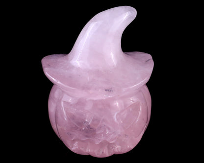 2.3” Natural Rose Quartz Hand Carved Crystal Wizard Pumpkin Sculpture, Halloween Gift