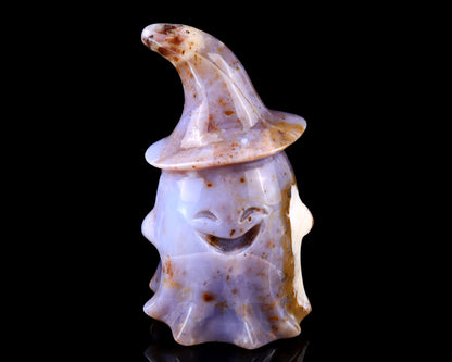 3.6” Natural Chalcedony Hand Carved Crystal Wizard Ghost Sculpture, Halloween Gift