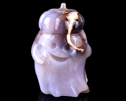 3.0” Natural Chalcedony Hand Carved Crystal Pumpkin Ghost Sculpture, Halloween Gift