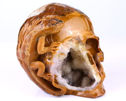 Unique 7.9" Chalcedony Hand Carved Crystal Geode Skull with Lizard Sculpture