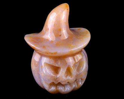 2.2” Natural Chalcedony Hand Carved Crystal Wizard Pumpkin Sculpture, Halloween Gift