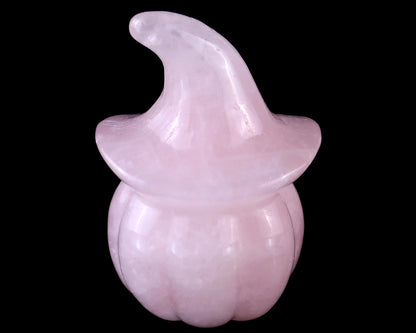 3.3” Natural Rose Quartz Hand Carved Crystal Wizard Pumpkin Sculpture, Halloween Gift