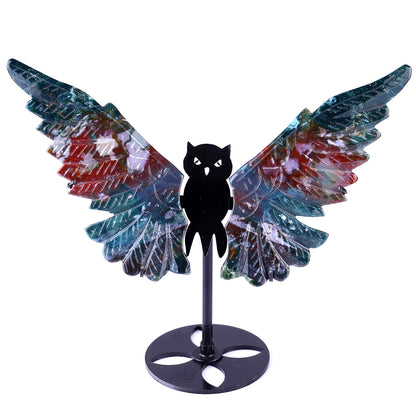 5.5" Indian Agate Hand Carved Crystal Owl Wings Sculpture