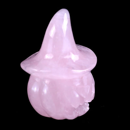2.3” Natural Rose Quartz Hand Carved Crystal Wizard Pumpkin Sculpture, Halloween Gift