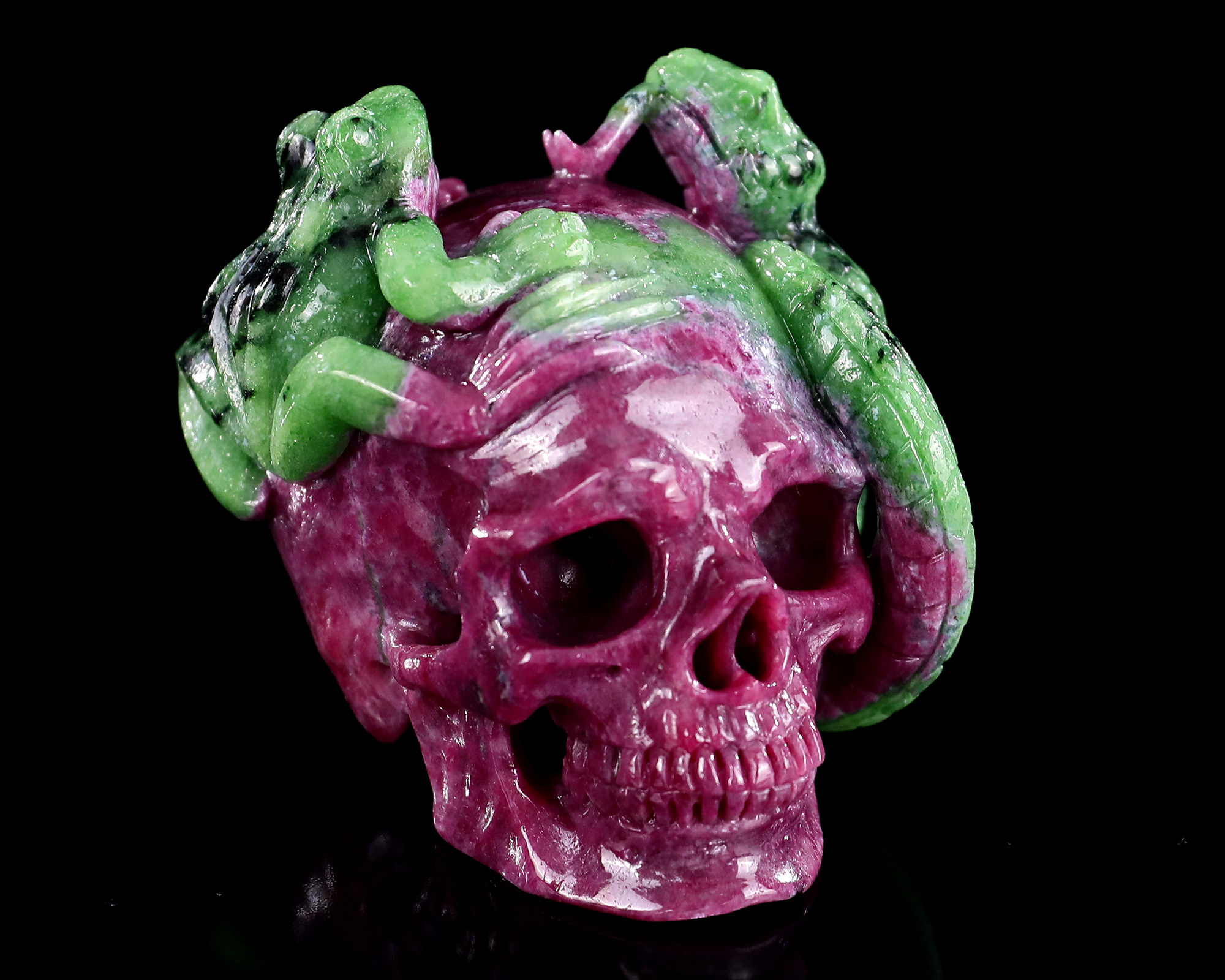 2.9-inch Hand Carved Rubellite and Garnet Frog with Snake Skull - Metaphysical Decorative Artwork