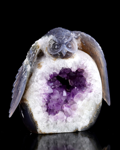 Unique 7-Inch Amethyst Cluster Owl - Hand Carved Natural Gemstone Sculpture for Healing