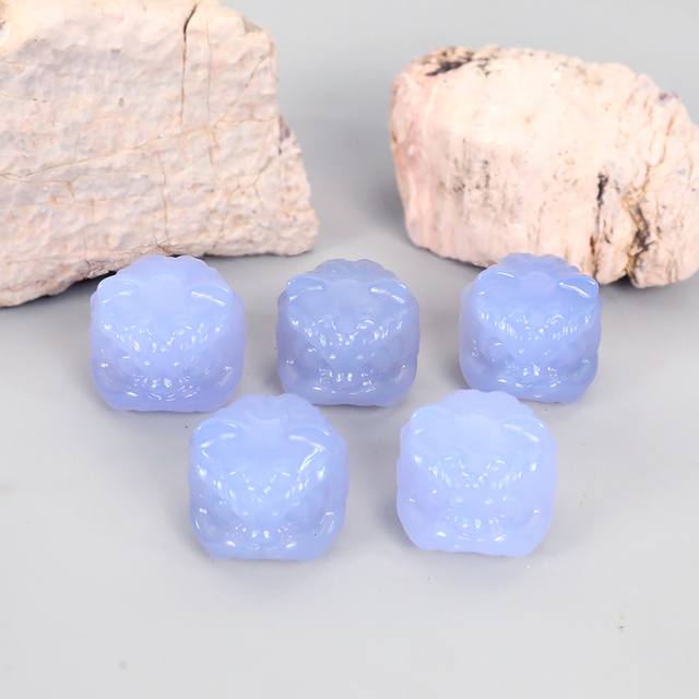 Blue Chalcedony Mini Lion Dance Incense Holder - Crystalline Luster for Desktop Blessing Decor
