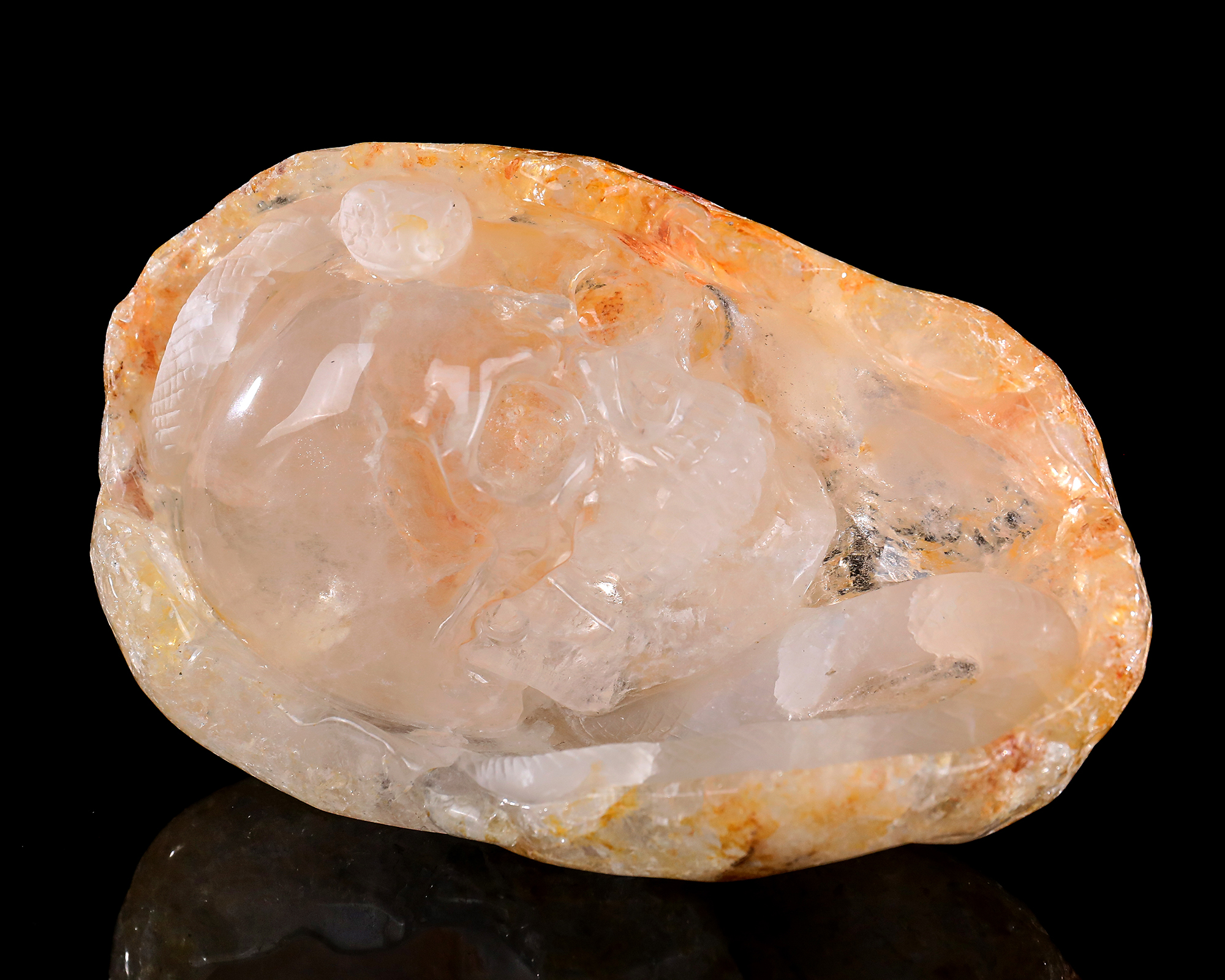 Hand-Carved 6-inch Clear Quartz Skull & Snake – Natural Gemstone Art for Mystical Collectors