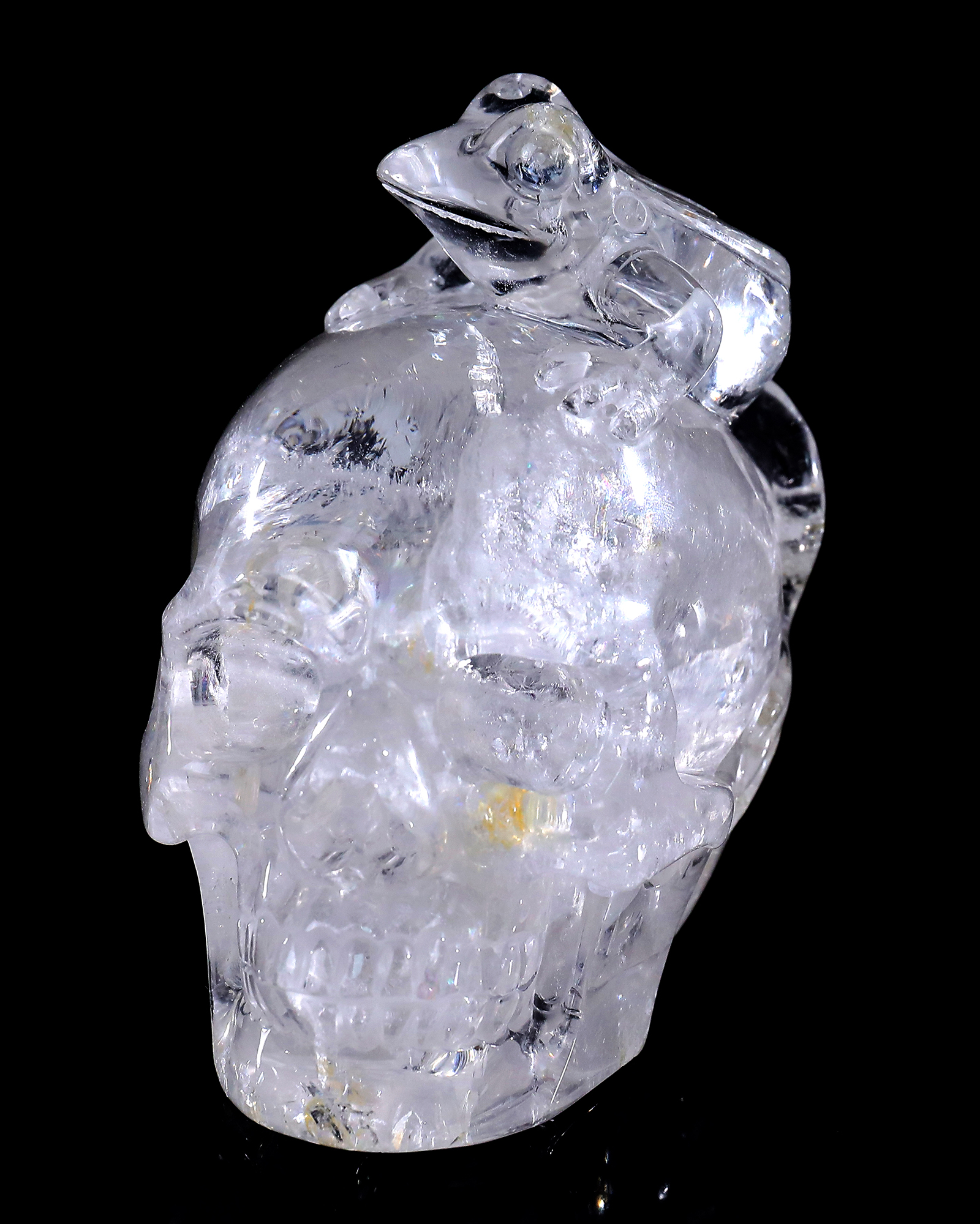 3.8-inch Hand Carved Clear Quartz Skull with Frog - Natural Crystal Sculpture for Spiritual Decor & Collection