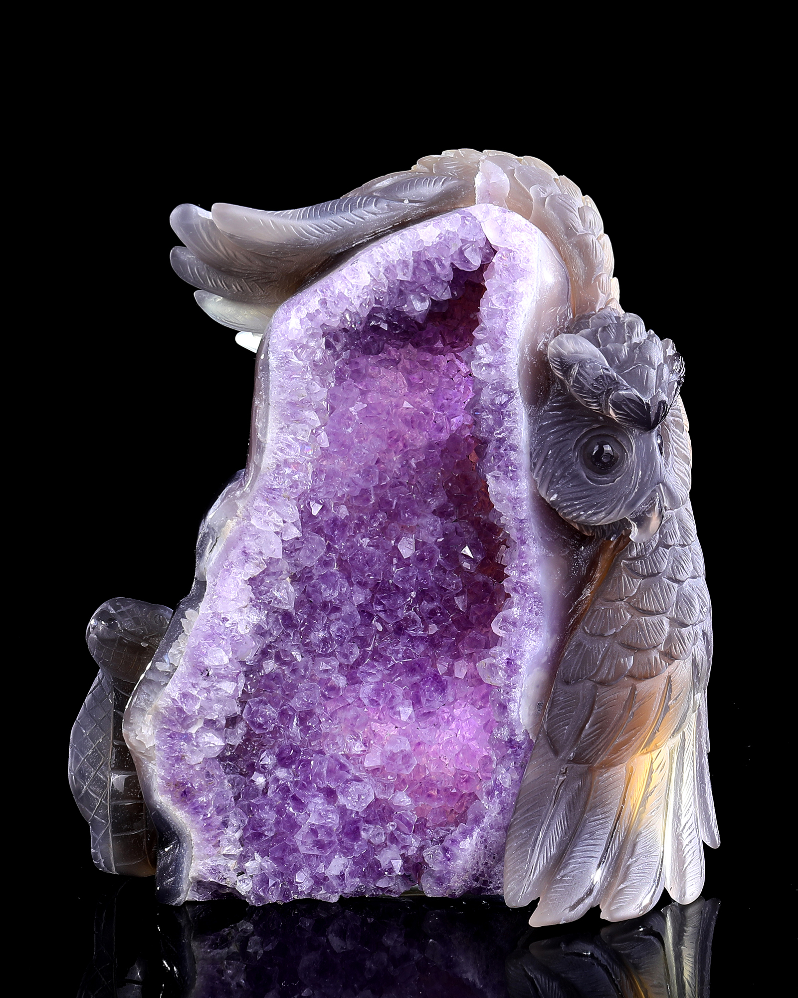 Hand-Carved Amethyst Cluster Owl & Snake Sculpture - Natural Gemstone Artifact for Crystal Collectors, Home Accent & Spiritual Healing