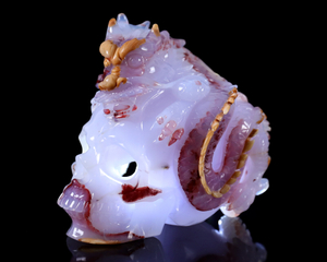 6 Inch Hand-Carved Natural Blue Chalcedony Skull with Chinese Dragon | Rare Multi-Color Gemstone with Geode