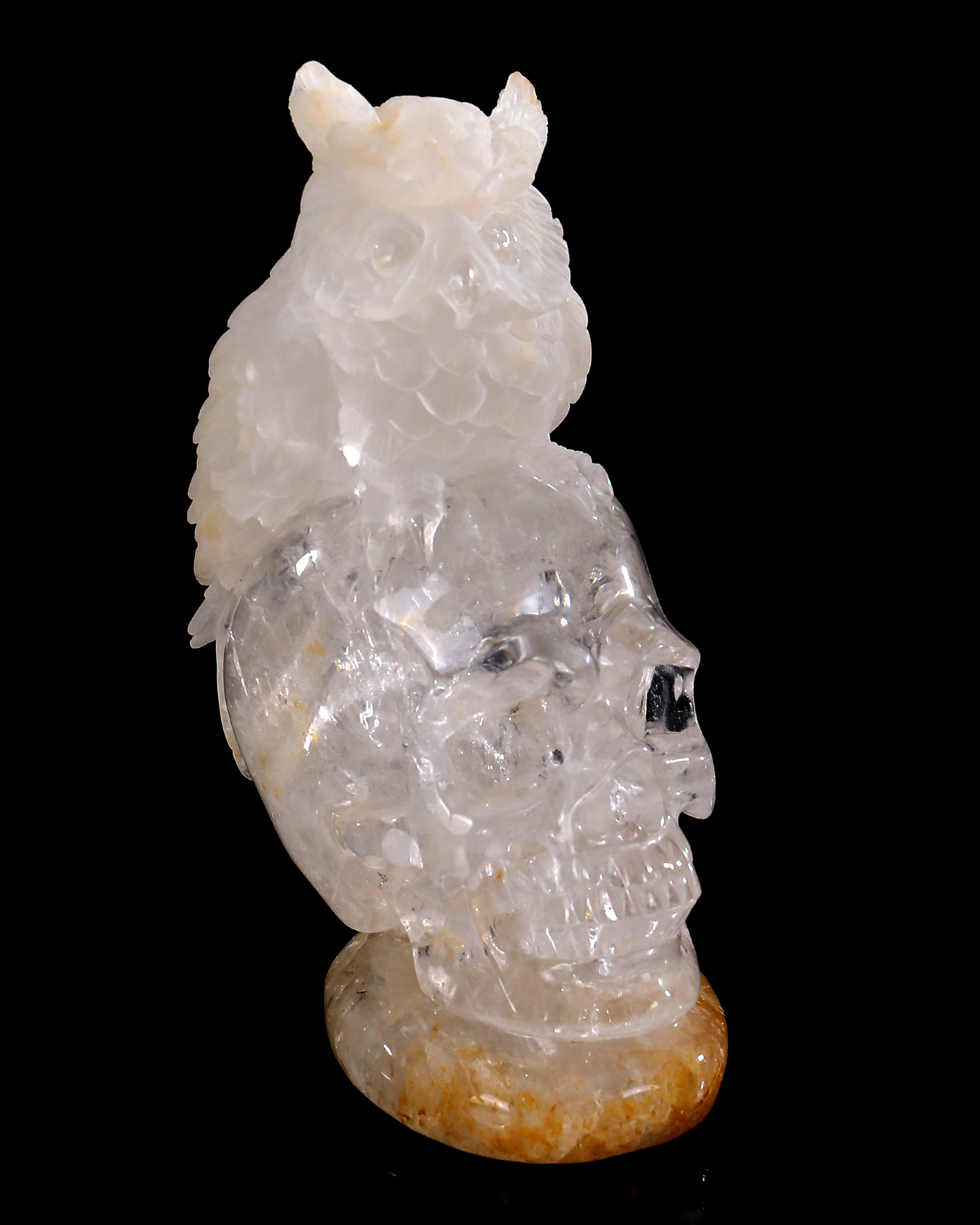 6 Inch Handcrafted Clear Crystal Skull with Owl Accent – Artisanal Carved Spiritual Decor