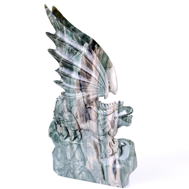  14" Jiulong Jade Hand Carved Crystal Dragon Sculpture