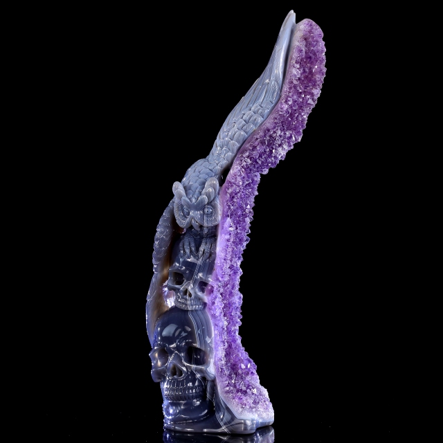 11.8" Amethyst Druse Agate Hand Carved Skulls and Owl Sculpture