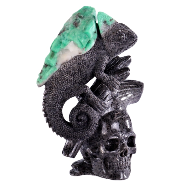 6.0" Natural Emerald Hand Carved Crystal Lizard and Skull Sculpture