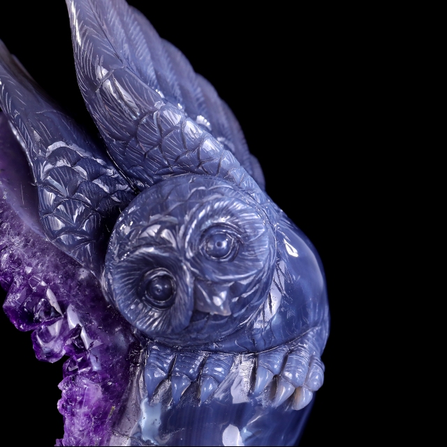 Unique 6.9" Amethyst Druse Agate Skull with Owl – Hand Carved Crystal & Mineral Specimen Sculpture for Collectors And Healing