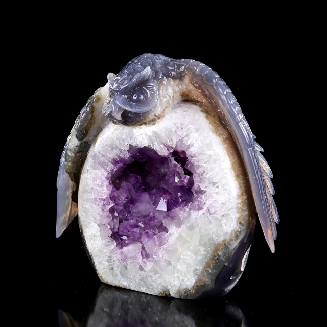 Unique 7-Inch Amethyst Cluster Owl - Hand Carved Natural Gemstone Sculpture for Healing