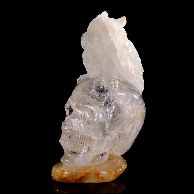 6 Inch Handcrafted Clear Crystal Skull with Owl Accent – Artisanal Carved Spiritual Decor
