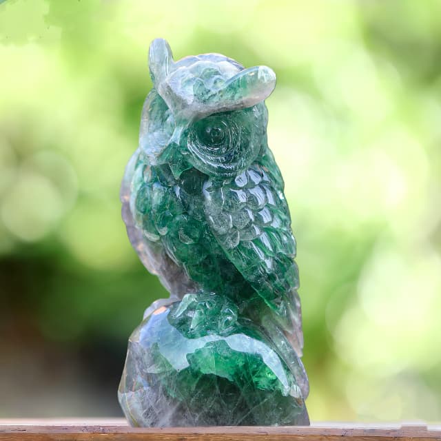 6.9" Fluorite Hand Carved Crystal Owl Sculpture