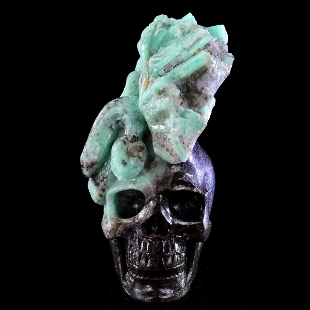 5.5" Natural Emerald Skull and Snake Sculpture, Handcrafted Gemstone Artwork for Collection & Decoration
